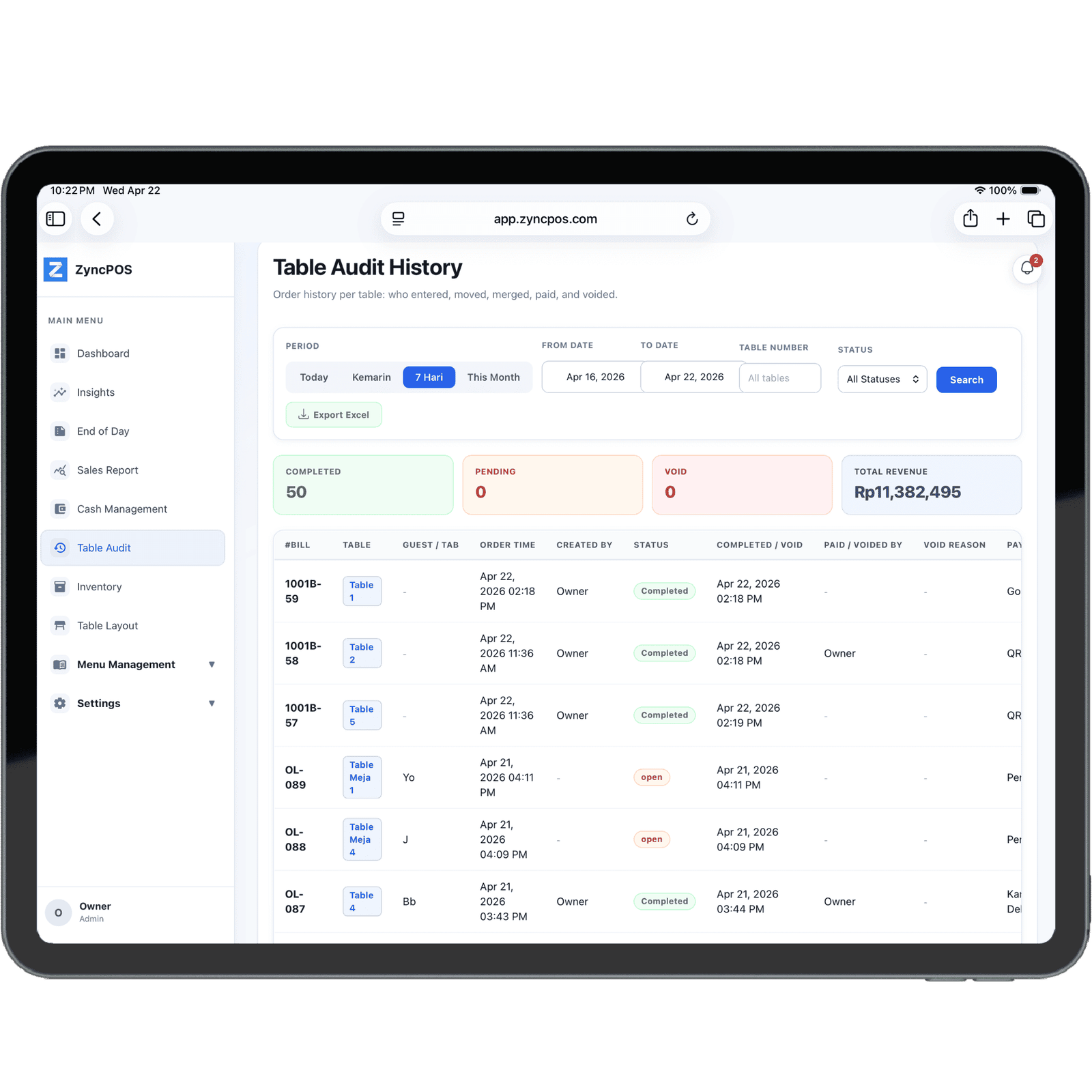 ZyncPOS Table Audit History