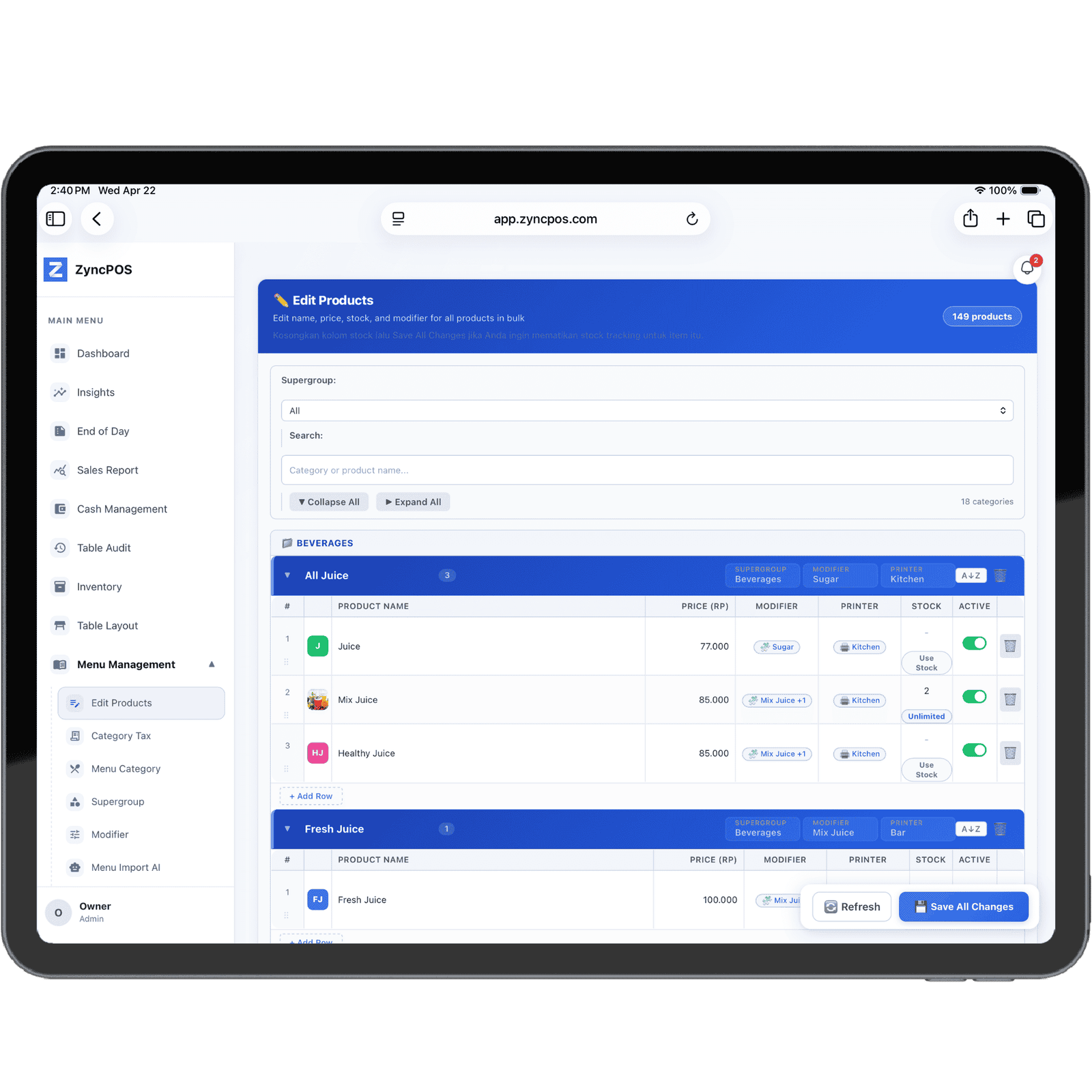 ZyncPOS Manajemen Menu