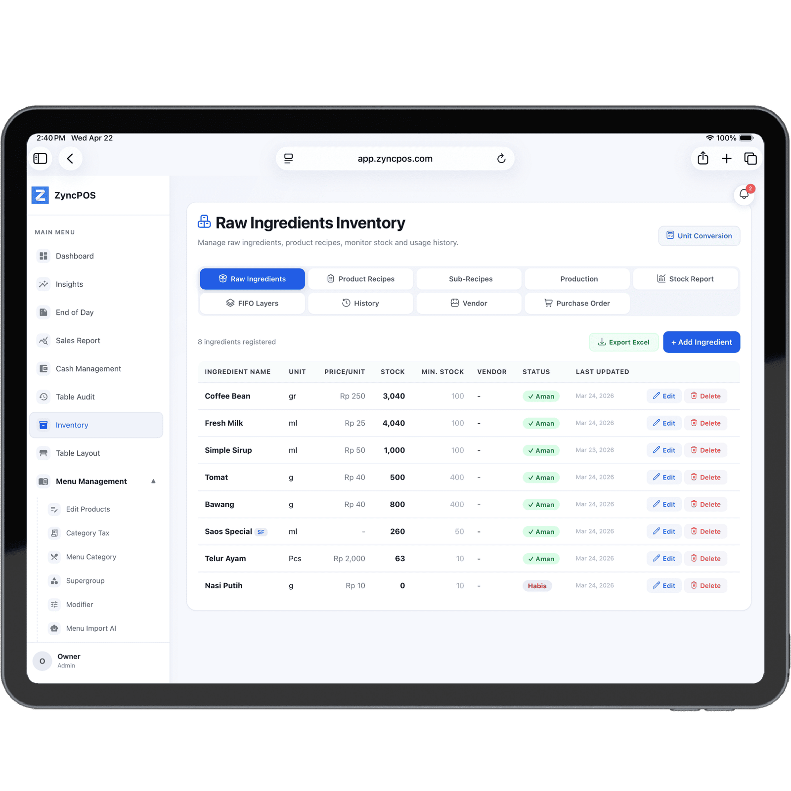 ZyncPOS Raw Ingredients Inventory